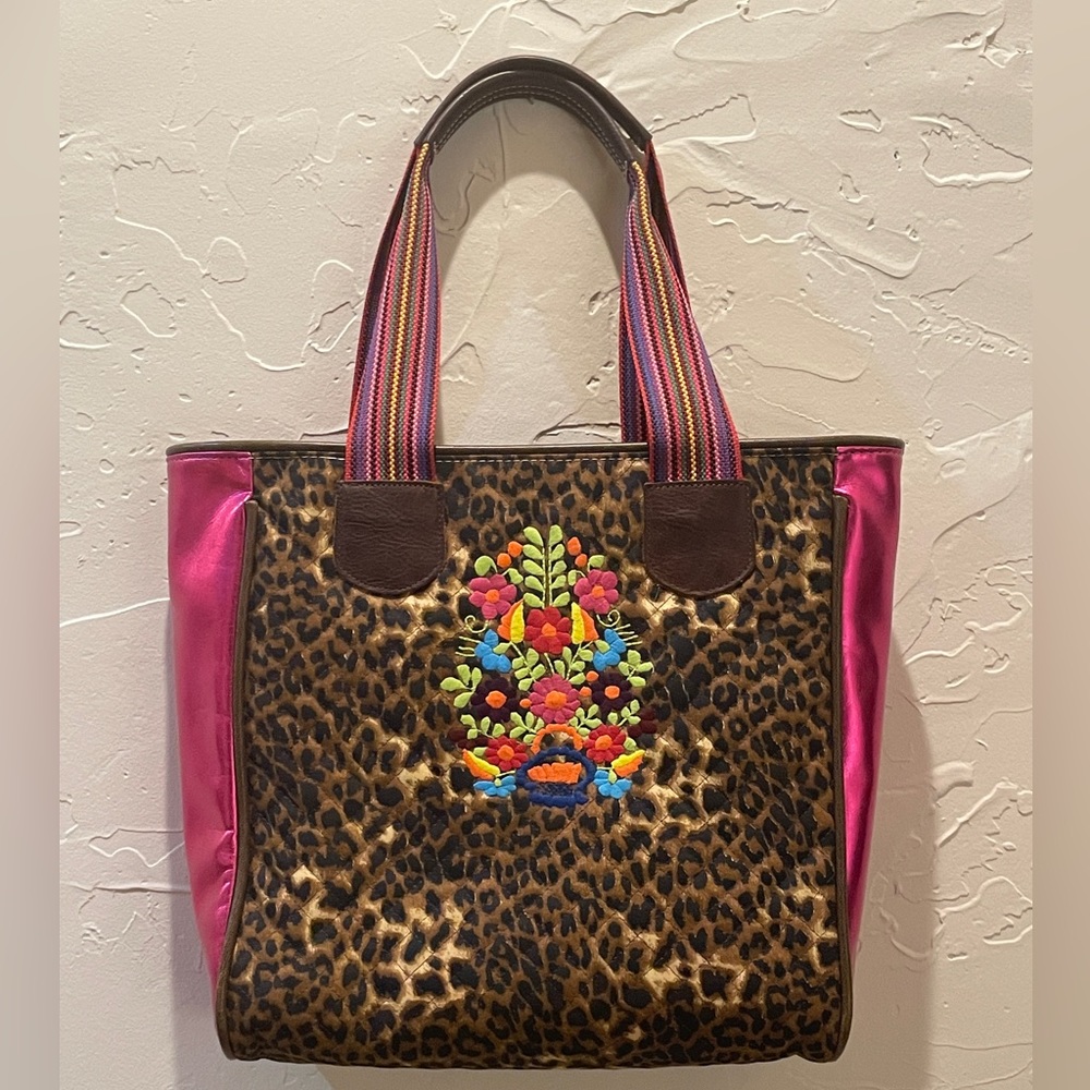 Consuela Embroidered Leopard and Pink Tote